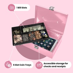 Cash Box with Money Tray and Lock – Pink Cash Storage with Latch Lock & Key