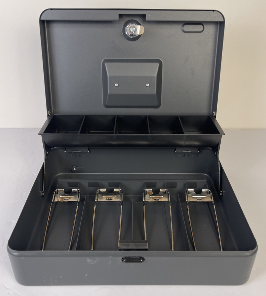 Steelmaster By MMF Industries Tiered Tray Cash Box W 2 Keys 11.5”x9”x3.5” Gray