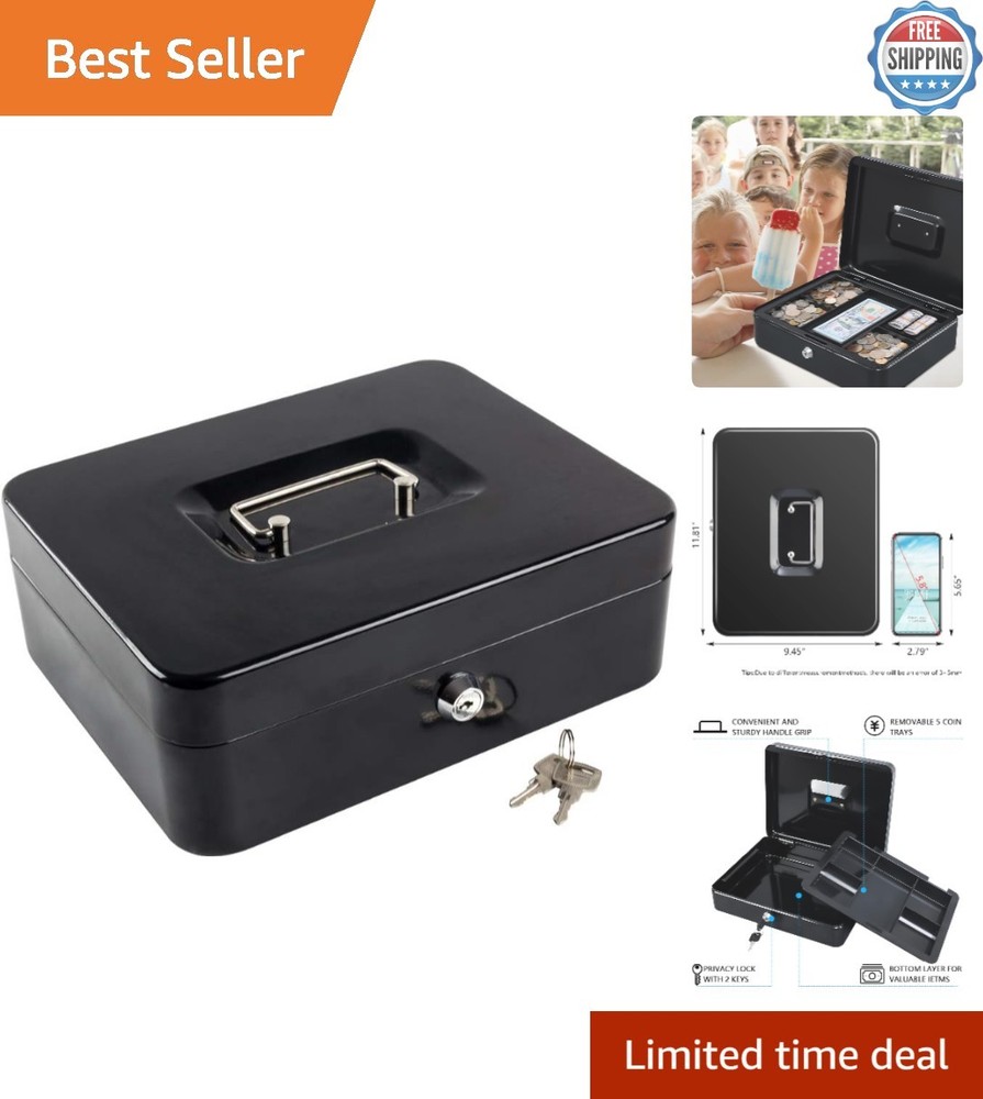 Secure Portable Black Metal Cash Box with Key Lock – 11.81×9.45×3.54 Size