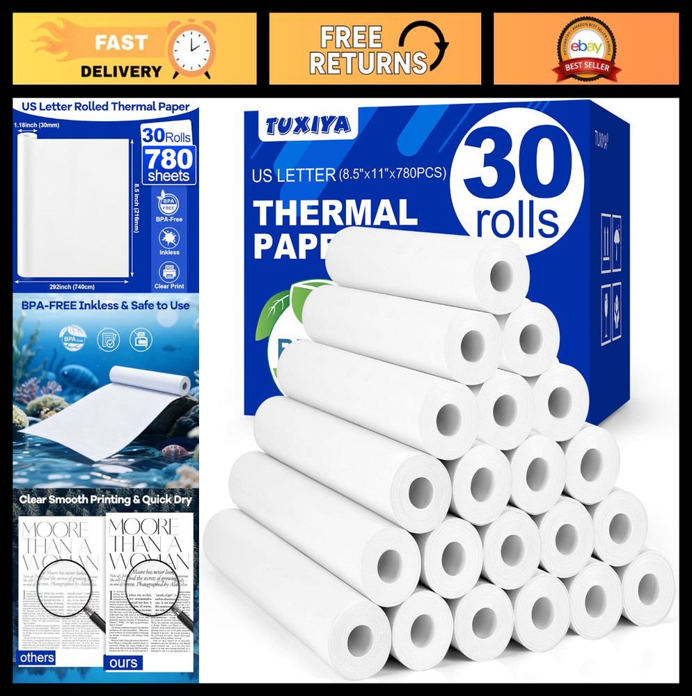 30 Rolls Thermal Printer Paper 8.5″x11″ BPA-Free Quick-Dry for Portable Printers