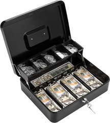 Cash Box with Lock Key and Money Tray – Large Money Box for Cash Register