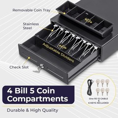 Secure Cash Register Drawer 4 Bill 5 Coin Tray POS System Lock Key Black
