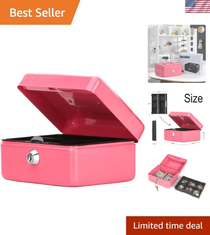 Compact 5.9″ Pink Cash Box with Key Lock and Money Tray – Perfect for Festivals