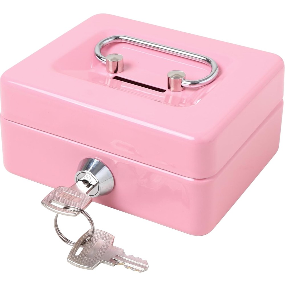 Small Cash Box Lock Key Metal Coin Piggy Bank Pink
