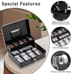 KYODOLED Cash Box with Key Lock–0.7mm Thick Metal Money XL-Key Lock, Black-1