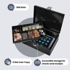 Cash Box with Money Tray and Lock – Cash Storage with Secure Latch Lock & Key