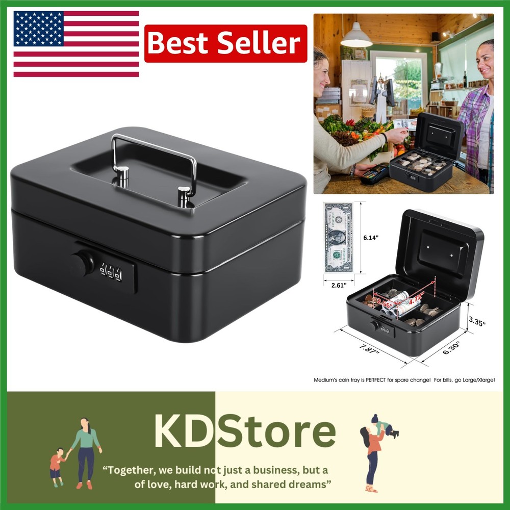 Sleek Black Cash Box with Combination Lock and Coin Tray – Organize Your Value