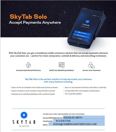 SKYTAB SOLO MOBLIE BY SHIFT4- ANY CONTRACTORw/DUAL PRICING MERCHANT A/C–ZERO FEE
