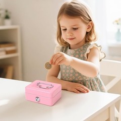 Small Cash Box Lock Key Metal Coin Piggy Bank Pink