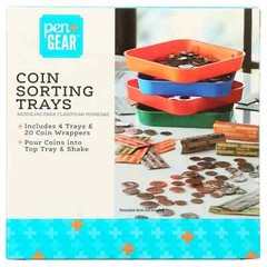 COIN SORTING TRAYS 4 TRAYS AND 40 COIN WRAPPERS INCLUDED POUR & SHAKE, NEW