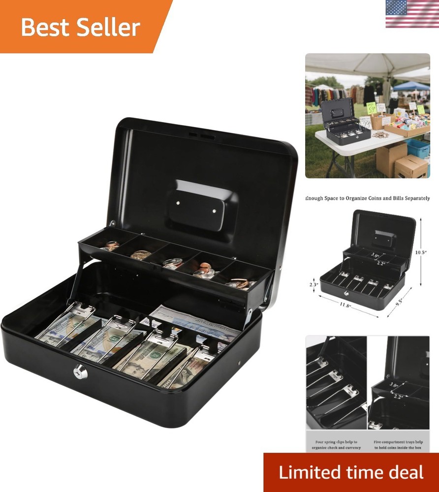 Large Cash Box with Money Tray and Lock – Safe Box for Cash Saving Key Lock M…