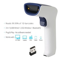 1D Wireless Bluetooth Barcode Scanner: 3-in-1 Handheld, USB BarCode Reader