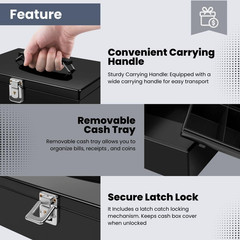 Cash Box with Money Tray and Lock – Metal Money Box for Cash Storage with Secure