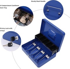 Durable Blue Metal Cash Box with Key Lock and Tiered Money Tray, 11.8″ x 9.5″