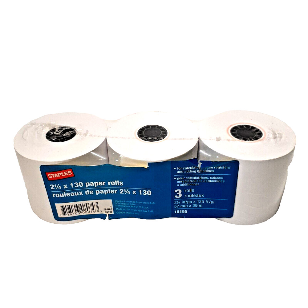 Staples 3 PACK PAPER ROLLS 2 1/4″ x 130′ Calculator Register Adding Machine