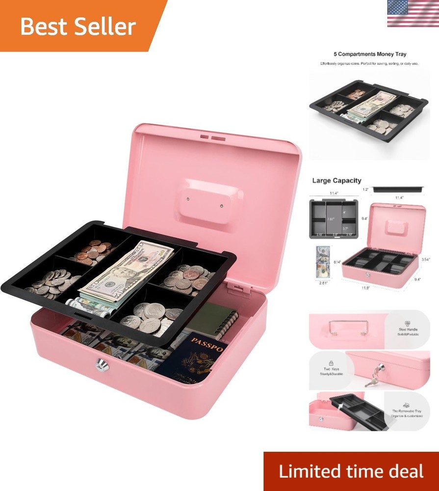 Portable Pink Metal Cash Box with Key Lock – Perfect for Organizing Cash & Keys
