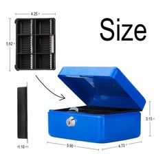 Small Cash Box with Key Lock Metal Blue 6×4 4/5×3 1/5 Inch QH1502XS Portable