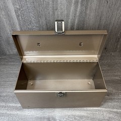Vintage Cash Change Metal Box Storage No Key Brown Tan Nice Shape Decor 11.5”x6”