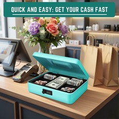 Cash Box with Combination Lock – Blue 5-Compartment Metal Cash Box with Tray
