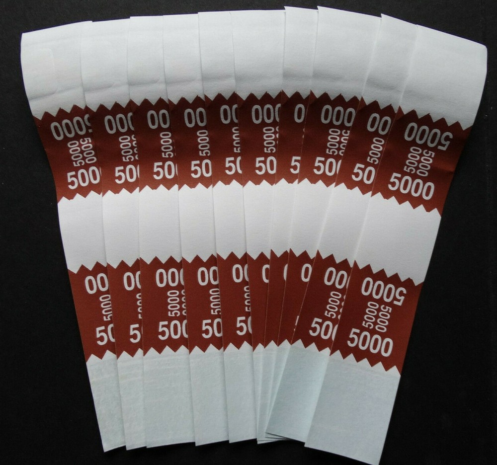 10 – Brown $5,000 Cash Money Self-Sealing Straps White Saw Tooth Currency Bands