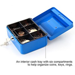Small Cash Box with Key Lock Metal Blue 6×4 4/5×3 1/5 Inch QH1502XS Portable
