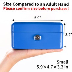 Small Cash Box with Key Lock Metal Blue 6×4 4/5×3 1/5 Inch QH1502XS Portable