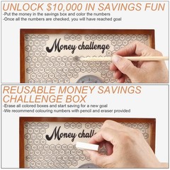 10000 Savings Challenge Box with Lock, Large Wooden 10k Money Saving Box Save…