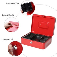 Red Large Cash Box with Money Tray Safe Key Lock 9.8 x 7.9 x 3.5 Inch