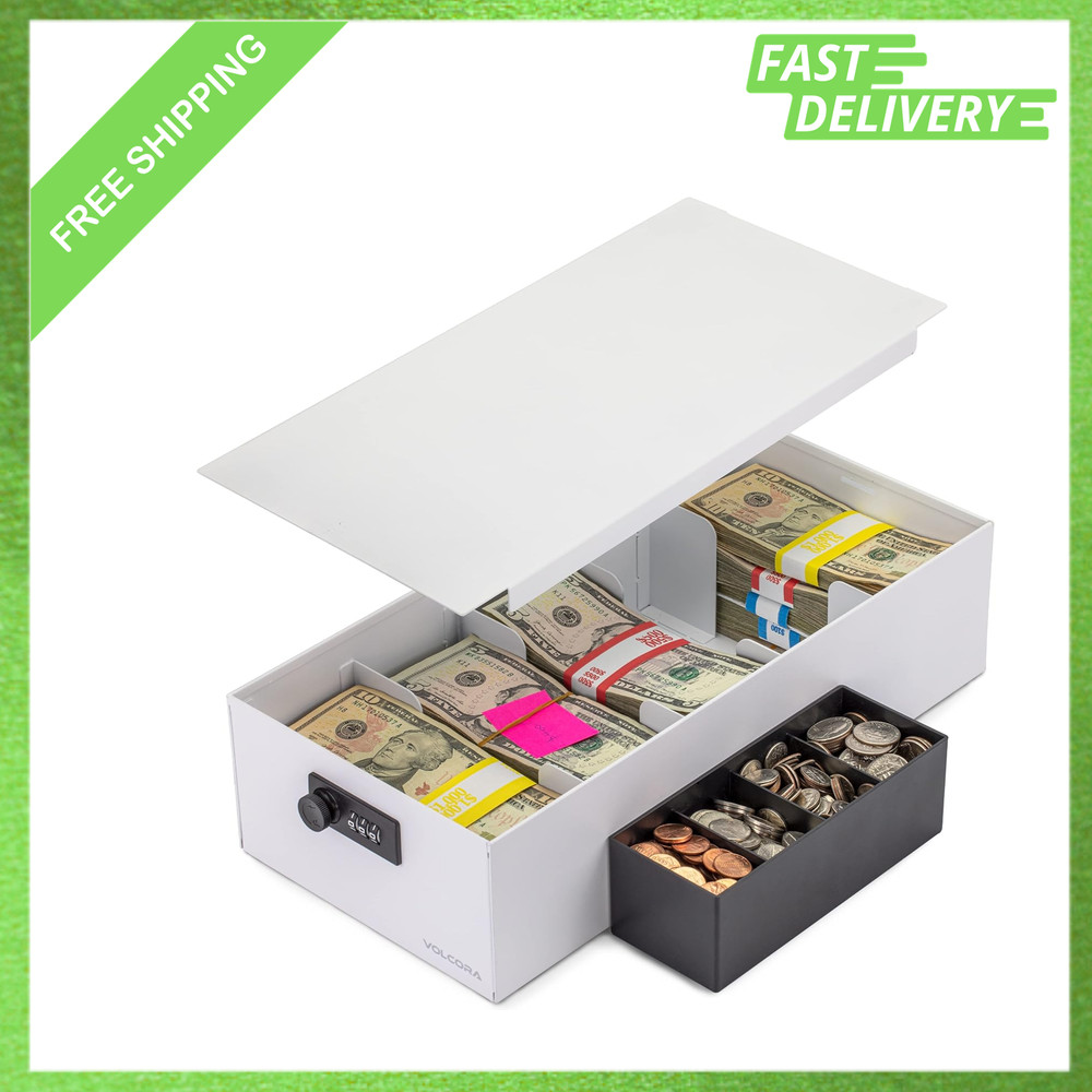 Cash Box Money Organizer, 15×7.5×4 Inches, 5 Compartments, Coin Tray