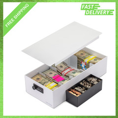Cash Box Money Organizer, 15×7.5×4 Inches, 5 Compartments, Coin Tray