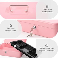 Portable Pink Metal Cash Box with Key Lock – Perfect for Organizing Cash & Keys