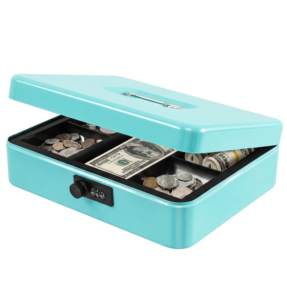 Cash Box with Combination Lock – Blue 5-Compartment Metal Cash Box with Tray