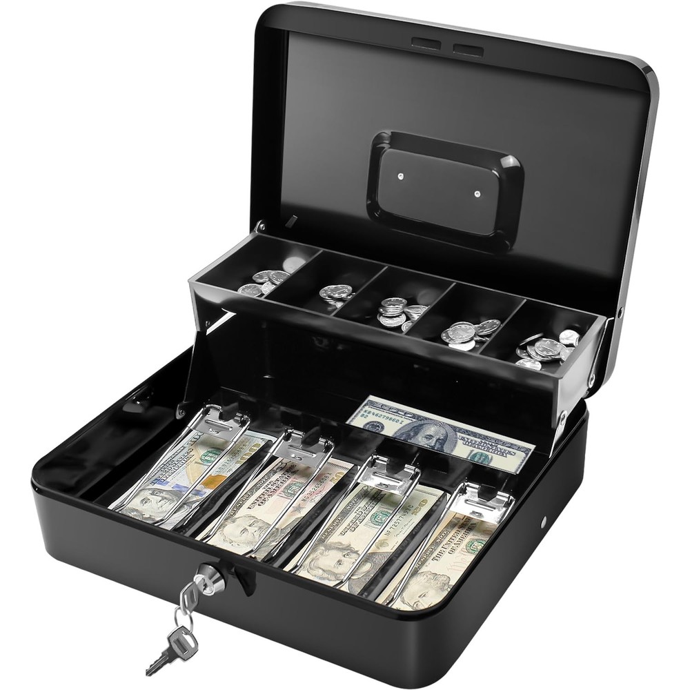 Cash Box with Key Lock, Metal Money Box with Money Tray, Petty Cash Lock Box …