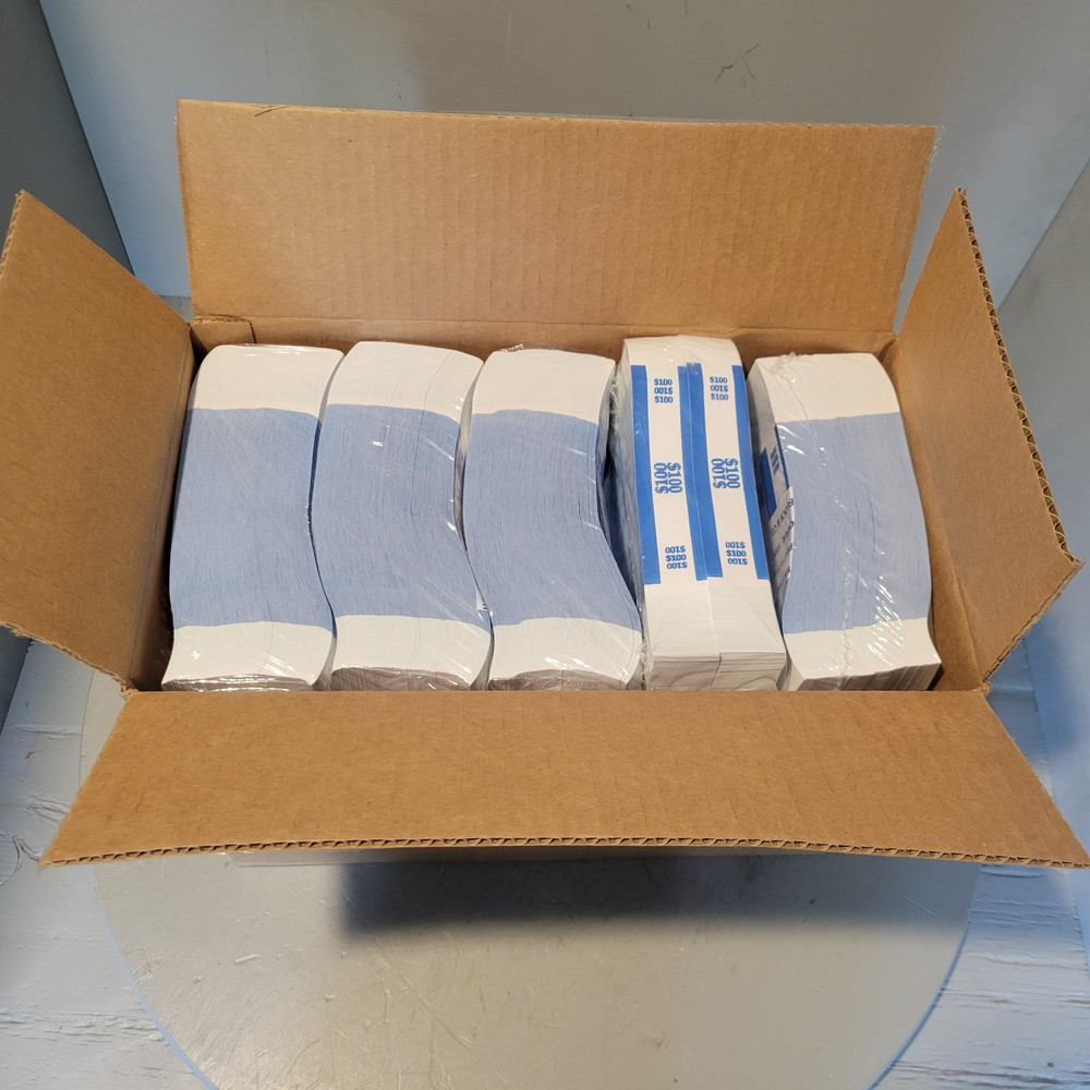 Box of 20 $100 Currency Straps/Bands, (1000 Ct/Unit), Self-Adhesive, Blue