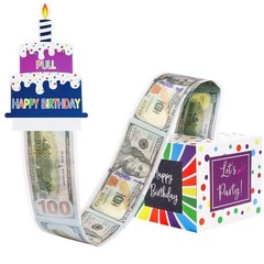 Birthday Money Box for Cash Pull Surprise Gift Box with Card 100 Bags Set