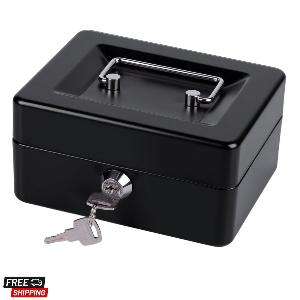 Small Cash Box with Money Tray and Lock, Metal Cash Lock Box with Key, Petty Cas