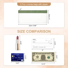 8.7×3.9 Inch Money Bags with Zipper, 2 Pcs Clear PVC Cash Pouch, Green