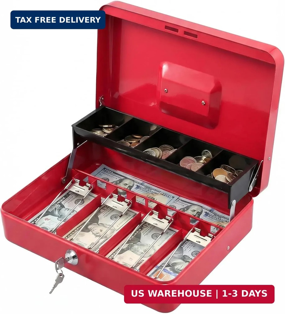 KYODOLED Locking Cash Box with Lock,Money Box with Cash Tray,Lock Safe Box with