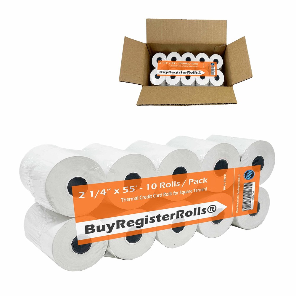 10 Rolls Receipt Paper, 2 1/4 x 55, Fits Square Terminal, 48 GSM, Thermal