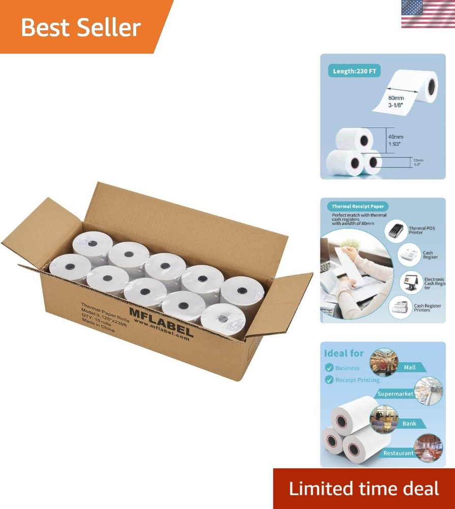3-1/8″ Thermal Paper Rolls – 10 Rolls x 230ft, Compatible with Star Micronics…