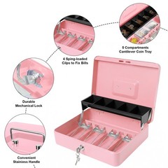 Locking Cash Box Key Lock Money Tray Safe Register 11.8×9.45×3.54 Inch Pink