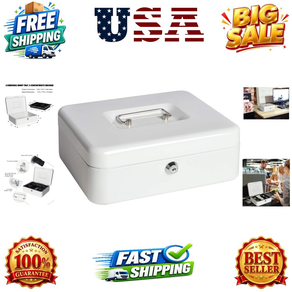 Locking Large Metal Cash Box with Money Tray, Lock Box, White