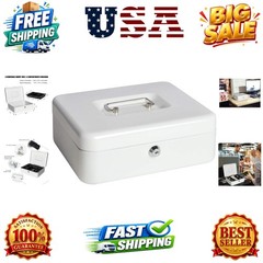 Locking Large Metal Cash Box with Money Tray, Lock Box, White