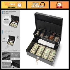 Lockable Cash Box with Coin Tray – Durable Metal Money Organizer for Bills & Cha
