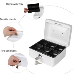 Cash Box with Money Tray, Small Money Box with Key Lock, 6″ x 4 4/5″ x 3″, White