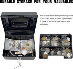 Steel Cash Box with Key Lock, Metal Small Money Organizer with Money Tray,Cas…