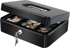 Large Black Metal Cash Box with Lock and Double Layered Cash Tray 9.84″x7.87″