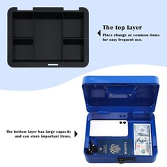 Cash Box with Key Lock Blue Steel Removable Coin Tray 9.84×7.87×3.54 Inch