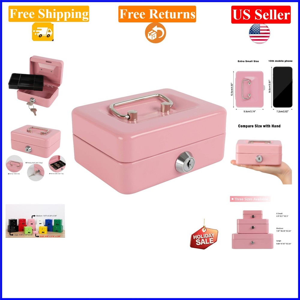 Pink Locking Steel Mini Cash Box for Kids with Removable Coin Tray