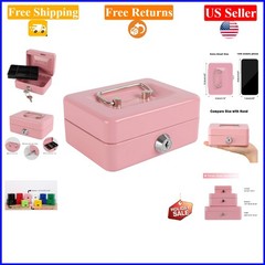 Pink Locking Steel Mini Cash Box for Kids with Removable Coin Tray